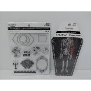 SET of 2 Halloween Stationary‎ Paper Pad Skeleton 24 sheets Clear Stamps 11 pc